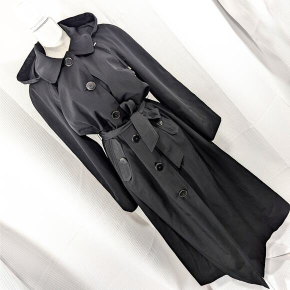 London Fog Jackets & Blazers - NWOT! LONDON FOG! SLEEK BLACK CLASSIC, HOODED TRENCHCOAT, COAT, JACKET! SZ 12